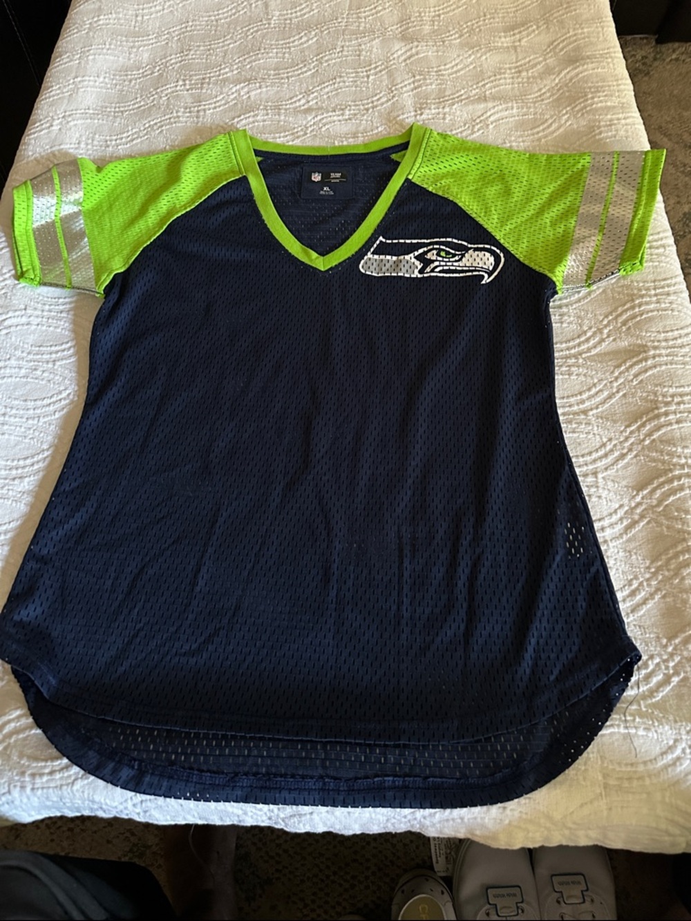 NFL Seattle Seahawks Navy & Neon Green Kids Mesh V-Neck Shirt